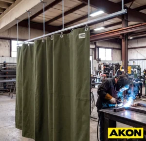 Heavy duty canvas welding curtains hanging in an industrial facility to contain sparks and protect nearby workers.