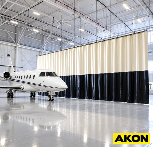 Industrial jet hanger curtain hanging in a large commercial or aviation facility to divide workspace areas.