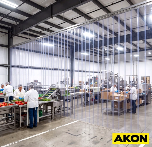 A PVC strip curtain wall installed across an industrial opening to separate work areas and provide protection.