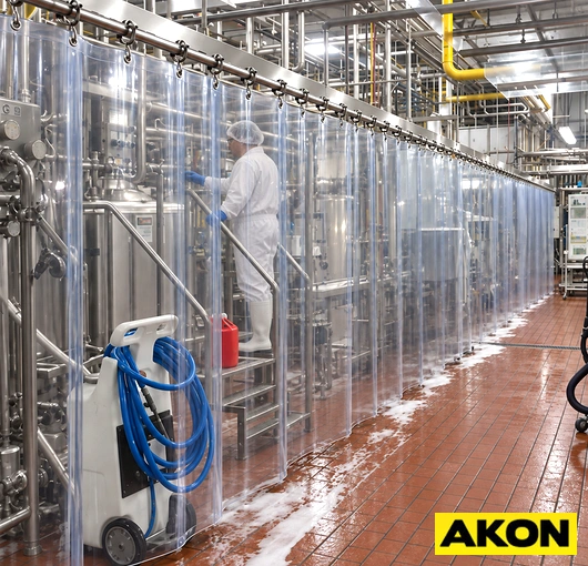 Protective USDA-compliant wash down curtains installed in an industrial or food processing facility.