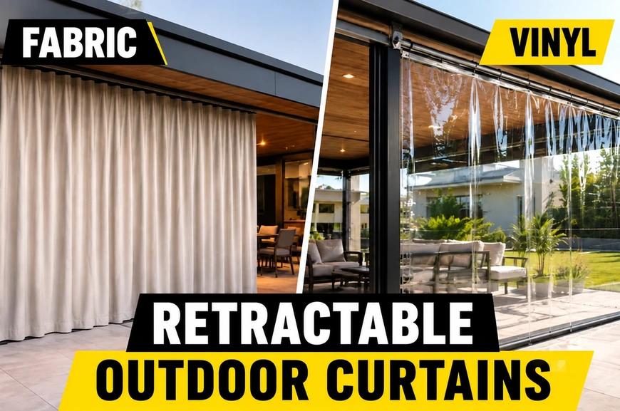 Retractable outdoor curtains made from fabric-reinforced vinyl installed on a commercial exterior to block wind and weather.