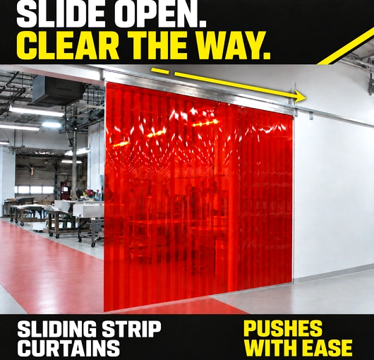 A sliding strip curtain pushed to the side of a doorway to allow clear passage in an industrial facility.