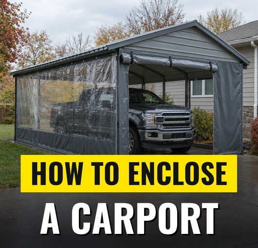 A carport enclosed with industrial curtains to create a sheltered, enclosed workspace.