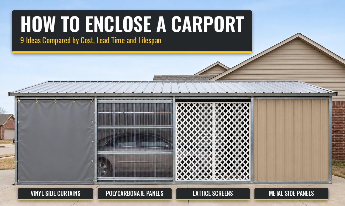 A carport enclosed with industrial curtain panels, showing how curtains can be used to close off an open structure.