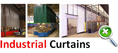 Collection of industrial curtains installed in various warehouse and commercial facility settings.