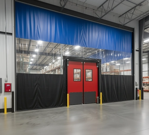 Red double industrial swinging doors set in a black, clear and blue vinyl warehouse curtain wall