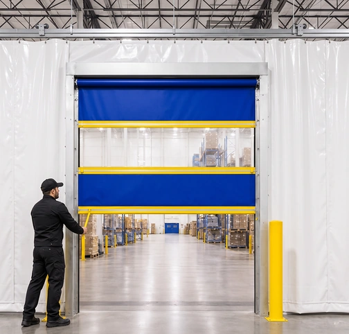 Worker operating a blue manual roll-up door set in a white vinyl warehouse curtain wall