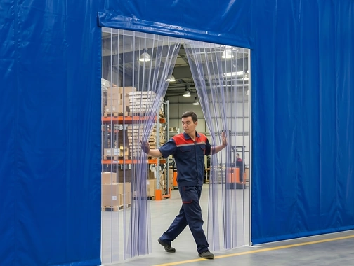 Worker walking through clear PVC strips sewn into a blue warehouse curtain wall