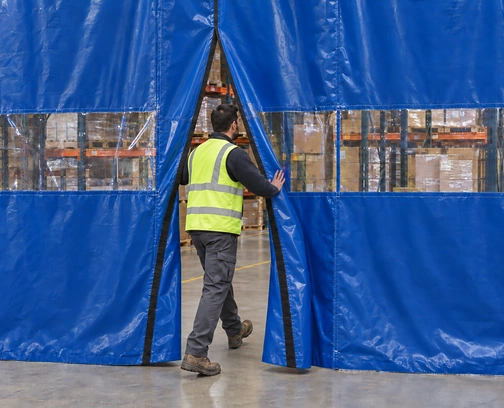 Worker pushing open a Velcro split in a blue vinyl curtain wall with his hand as he walks through