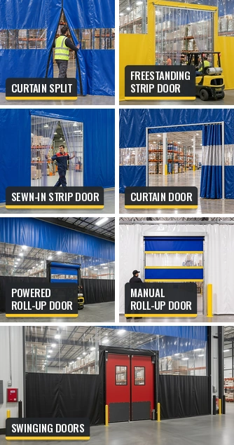 Collage of seven warehouse curtain wall entry options: curtain split, freestanding strip door, sewn-in strip door, curtain door, powered roll-up door, manual roll-up door and swinging doors