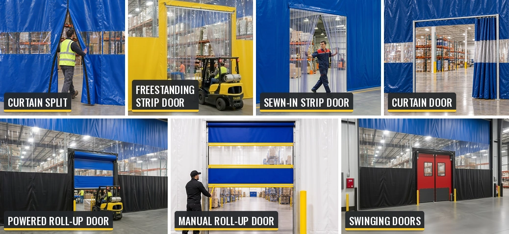Collage of seven warehouse curtain wall entry options: curtain split, freestanding strip door, sewn-in strip door, curtain door, powered roll-up door, manual roll-up door and swinging doors