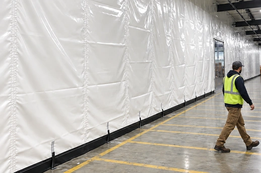 Worker walking past a long white vinyl curtain wall dividing a warehouse